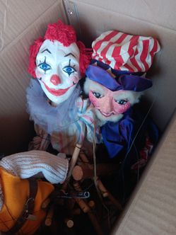 Vintage  marionette string puppets  5 total from 1940's wooden  hands,feet,paper mache heads, hand painted average  height 22 inches, with wooden hand