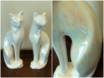 Sleek Pair of Vintage Mid Century Style of Rosenthal Netter Inc. Iridescent Ceramic Cat Figurines   See Full Description