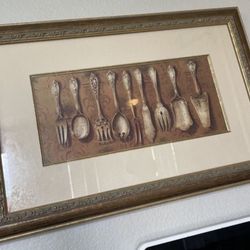 vintage style silverware artwork painting with gold frame (will accept best offer)