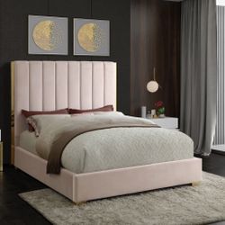 King Bed Velvet Tufted Upholstered Headboard and Frame With Hybrid Mattress  