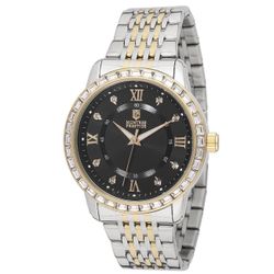 Elegant Montres Prestige men's quartz watch. Has a two-tone (gold and silver-tone) stainless steel band and a black dial.