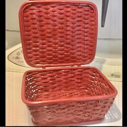 Vtg. Red Wicker Weave Basket Attached Lid 11.5” x  10.25” Sturdy Lightweight