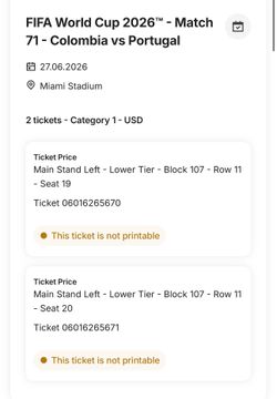2 entradas partido Colombia vs Portugal en miami