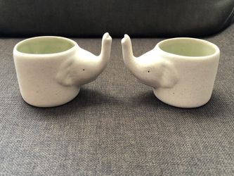 2x Elephant Espresso Cup Ceramic Trunk Handle Coffee Tea White Green Glazed (Silver Lake)