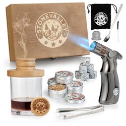 Cocktail Smoker Kit with Torch - Old Fashioned Whiskey Smoker Infuser Set, 4 Flavored Wood Chips, Torch, Recipe Book, Whiskey Stones - Bourbon Gifts f