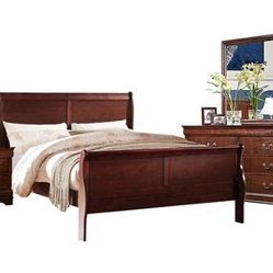 Brand New Cherry Queen Bedframe + Dresser + Mirror + Nightstand 4PCs Set