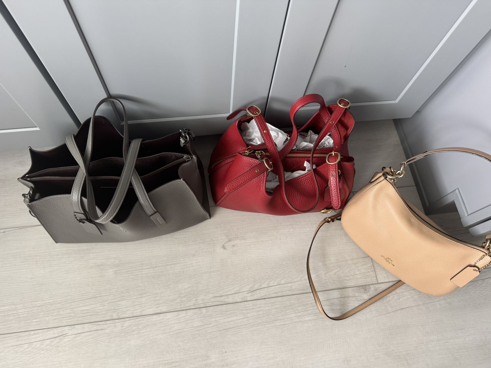 Coach Leather Bag Trio Bundle – Tote, Satchel & Shoulder in Red, Gray & Neutral