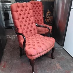 2 Victorian Fabric Tufted High Back Armchair