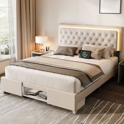 LED Queen Size Wood Bed Frame with Sliding Barn Door Storage Cabinets, Solid Wood Slats Support