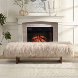 Long Haired Faux Wool Bench - Beige
