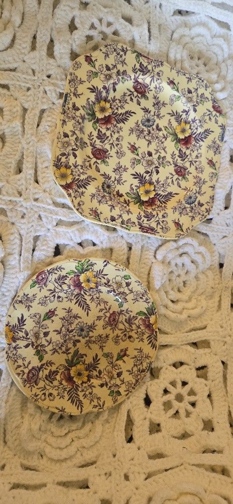 Antique Lavender Chintz Porcelain Plates
