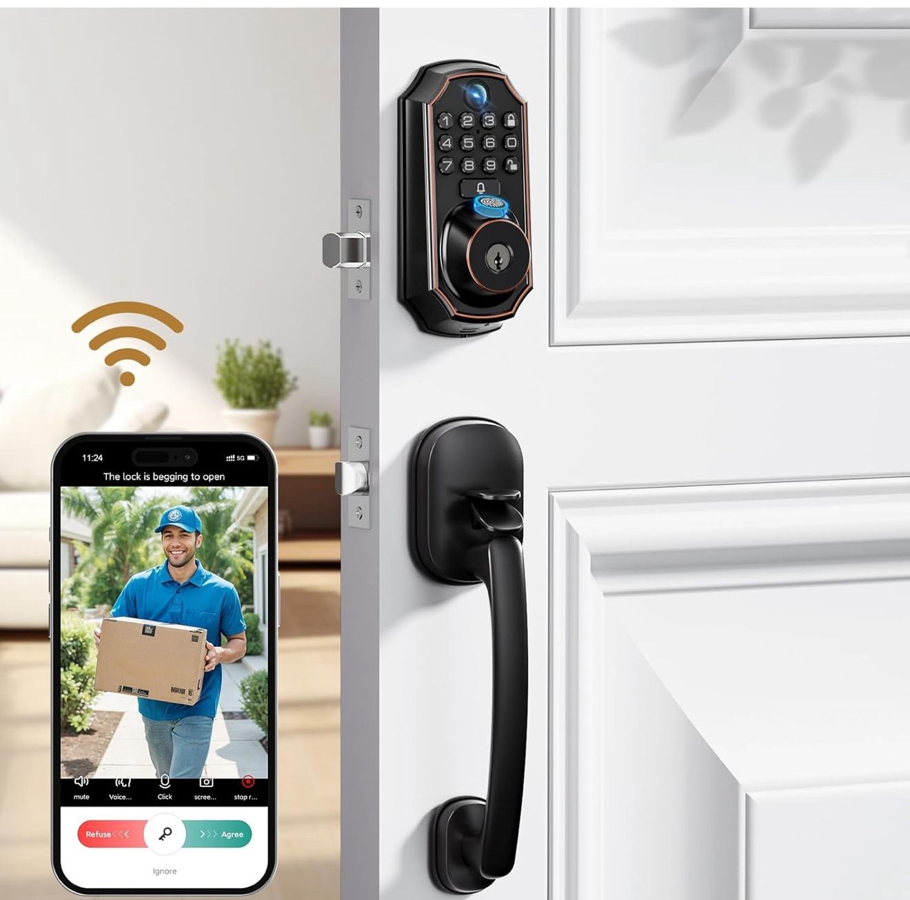 Arpha Keyless Entry Deadbolt with Handle Set - WiFi Smart Lock with Camera, 5-in-1 Camera+Doorbell+Fingerprint+Keypad, App Control, BEAND NEW