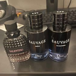 dior sauvage eua de parfum and parfum, and valentino all 3 colonges are 80 percent full 