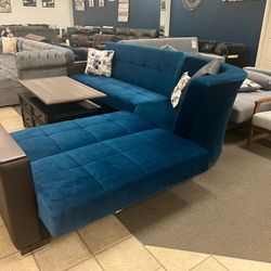 Large Fabric Blue Sectional Sleeper with Storage