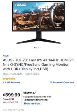 ASUS TUF 28” Fast IPS 4K 144Hz HDMI 2.1 1ms G-SYNC/FreeSync Gaming