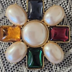 Vintage 1980s Signed Monet Goldtone Faux-Pearl & Jewel Tone Cabochon Brooch