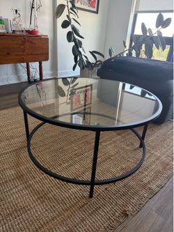 Modern Round Glass & Black Metal Coffee Table