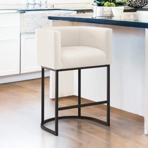 26 in.Beige and Black Low Back Bar Stool with Metal Frame Counter Height Linen Upholstered Counter