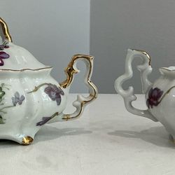 Vintage White with Violets Gold Edge Porcelain Cream & Sugar Bowl Set Made in Japan