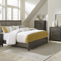 Modern Charcoal Comfort Bedroom Set with Sleek Brass Accents