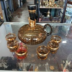 VTG Bohemian Squat Form  Glass Decanter w/ 6 Footed Shot Glasses art deco