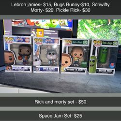 Funko Pops Space Jam and Rick and Morty
