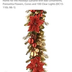 New National Tree 9 Ft x 12” Lit GARLAND Poinsettia Ornaments Pine Cones Corded Holiday Decor