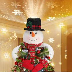 Christmas Snowman Tree Topper Projector - Lighted Snowman Hat with Rotating LED Snowflake Projection, Unique Holiday Tree Decoration for Christmas Par