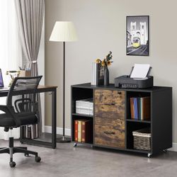 Filing Cabinet Lateral File Cabinet with 2 Drawer and 4 Open Compartments for Letter Size A4 Size, Printer Stand for Home Office, Black/Rustic Brown