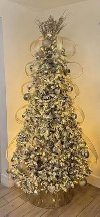 Snowy 7.5 ft Fir Pre-lit Flocked Artificial Christmas Tree with gold collar, top star and baubles