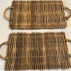 Bo Ho set of 2 rattan decor accent trays for plants / coffee table …..with handles. 21 x 11 inches tall & 21 x 10. Farmhouse.