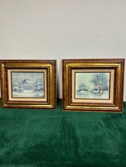 Vintage Barrister Framed Pair of Winter Landscape Original Oil Paintings