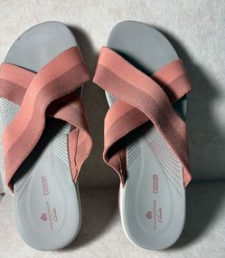 CLARKS cloud steppers pink, striped crossover strap, textile, slide, sandals, ladies size 8 1/2