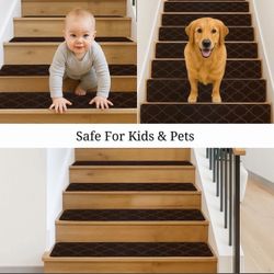 Brand New Kepenge Non Slip Stair Treads - 15 Pack, 8x30 Inch, Washable Carpet Stair Runners for Wooden Steps, Coffee