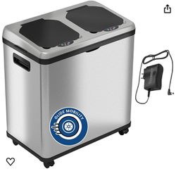 iTouchless 16 Gallon Touchless Trash Can and Recycle Bin Combo Unit with AC Adapter and Decals, Stainless Steel, 2 X 8 Gallon Removable Buckets with H