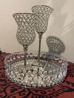 Crystal Tray And Crystal Candle Holders Including The Candles
