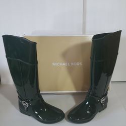 Michael Kors Fulton Harness Tall Rain Boot Hunter Green Rubber Size 6 New