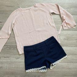 Ann Taylor Pale Pink Bow Tie Long Sleeve Sweater with Blue Shorts - Size S