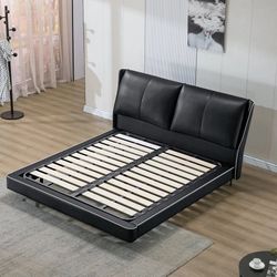 Black Queen Size Bed - Leather Platform Bed With Underbed Lighting 