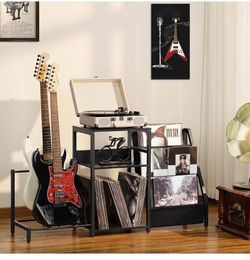 Brand New 3-Shelf Turntable Stand with Dual Guitar Holder & Vinyl Storage – Black Steel & Wood