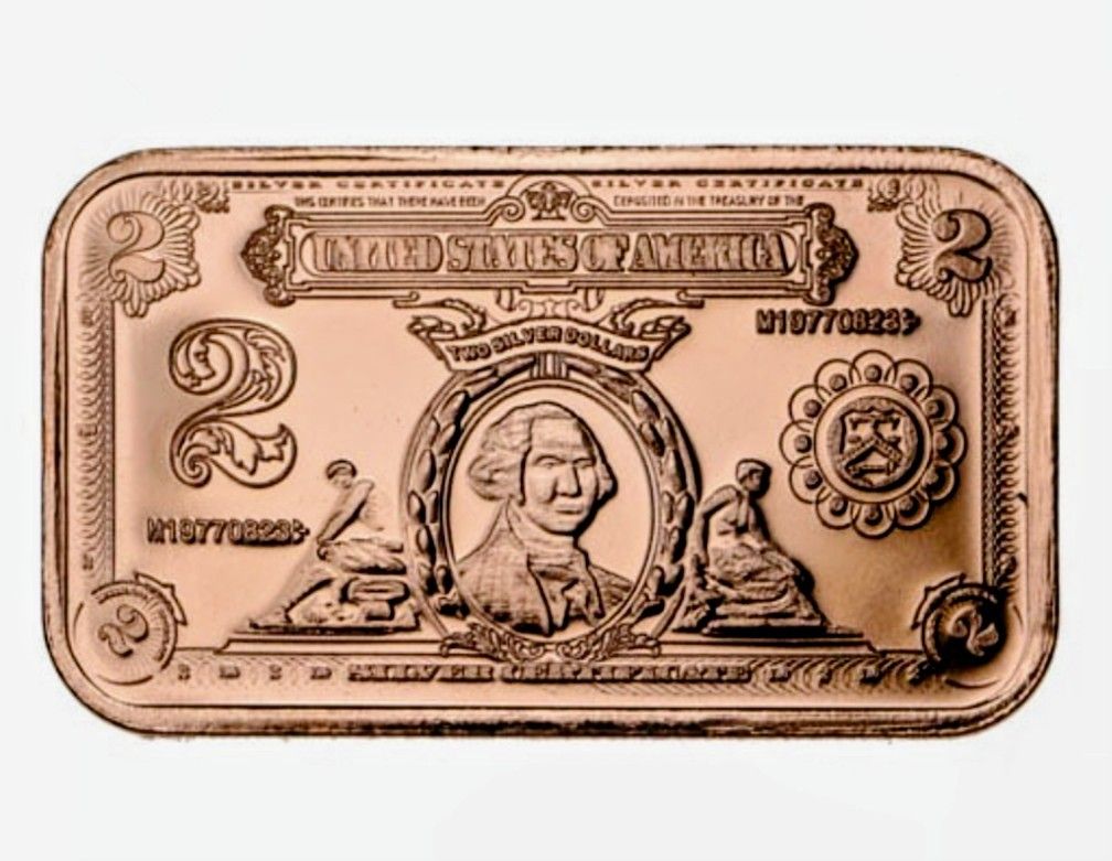 1 oz Cupper Bar "$2 Bank Note" .999 Pure Cupper Bar Free Shipping