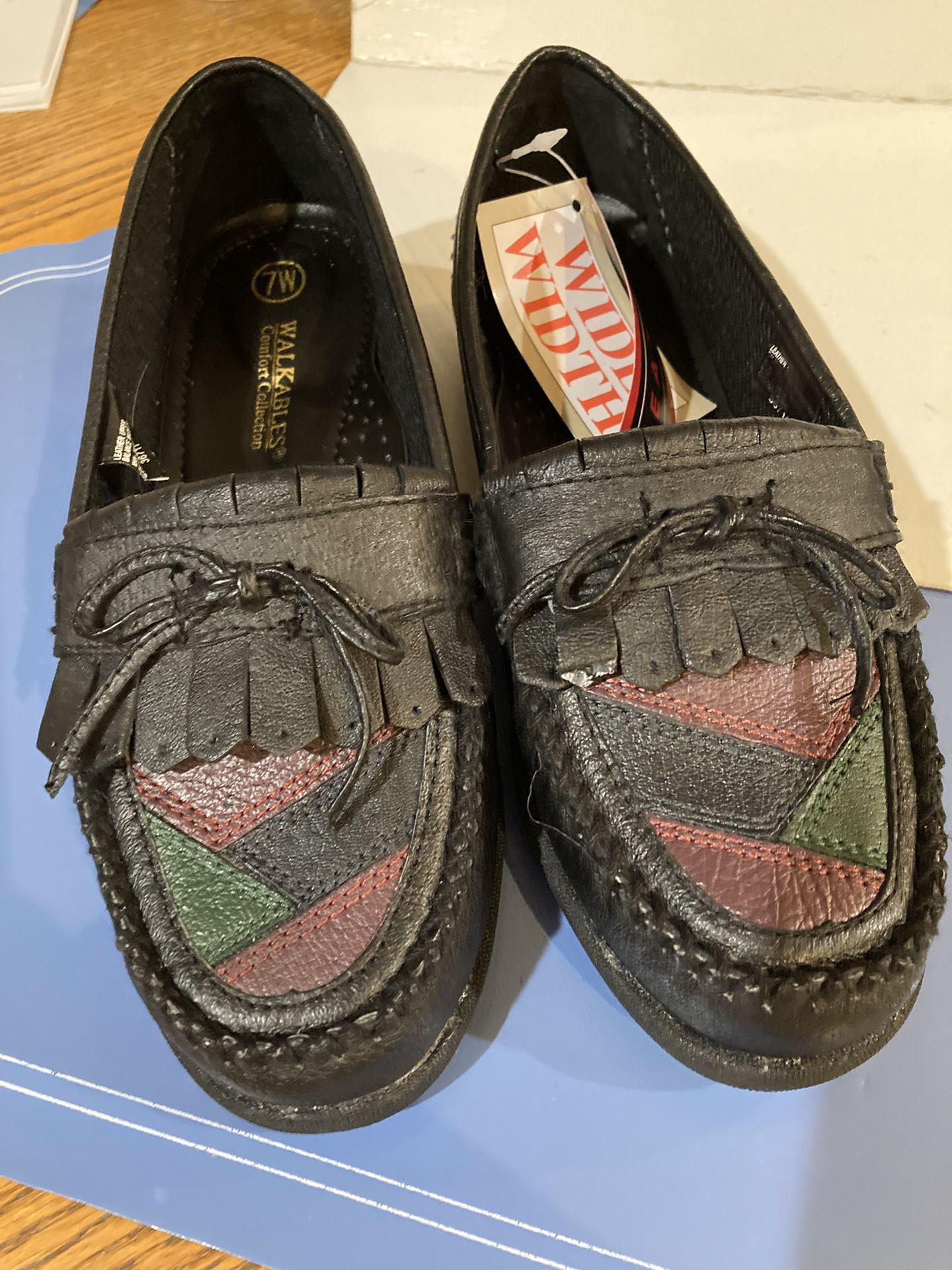 Brand Néw Womens Walkable a Black Leather With Patchwork Design Size 7W