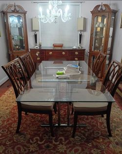 A pair (or just purchase 1) -- Curio cabinet with Crowned Top and Lights -- Dimensions (approximate):
14.75" W x 30" D x 81" H