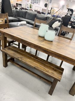 RUSTIC SOLID WOOD DINNING  TABKE WITH 6CHAIRS OR BENCH+ 4 CHAIRS (AVAILABLE IN LIGT BEIGE COLIR)