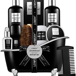 Beard Kit and Body Care Gifts for Men, Sandalwood Spa Gift Baskets, Mens Bath and Beard Grooming Kitf or Him, Unique Birthday Gifts for Him with Beard