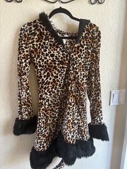 Halloween Leopard Print Costume Dress with Faux Fur Trim