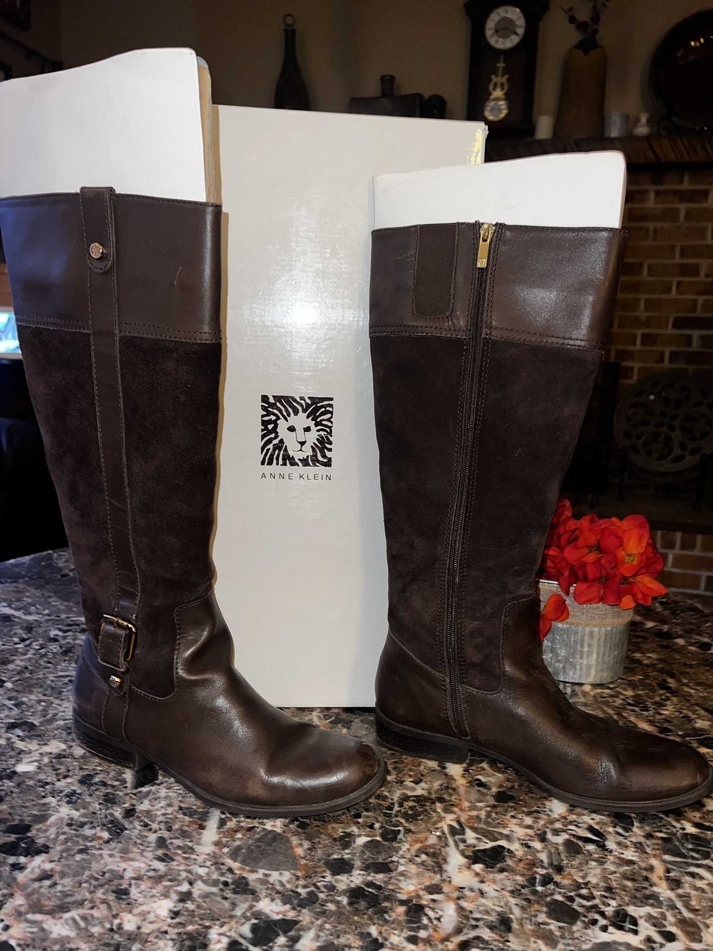New Anne Klein AK Women's Brown Suede & Leather Casino Knee High Boot Sz. 9.5