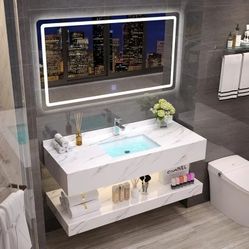 48" Floating Bathroom Vanity Set Single Intergrated Sink White/Black/Gray (W/ LED Mirror) 