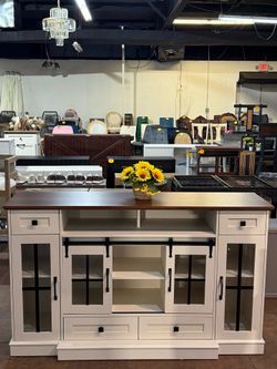 TV Table,Entertainment Center with Open Storage,TV Console,Media Console for Living Room and Bedroom,Sliding Doors(White)💰189$