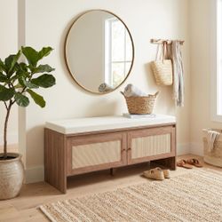 Homy Casa Isolde PP Rattan Storage Bench with Cushion "39.4" Entryway Shoe Cabinet and Seat Open Box